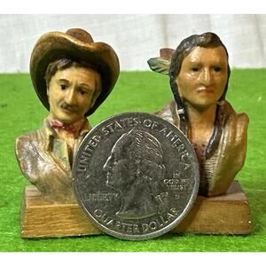 Vintage Anri Woodcarving ED ROHN ~ Miniature Cowboy & Indian w/ Display Dome